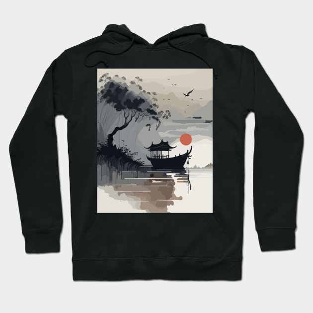 Boat on a Lake Ink Painting Hoodie by ShirtifiedStore